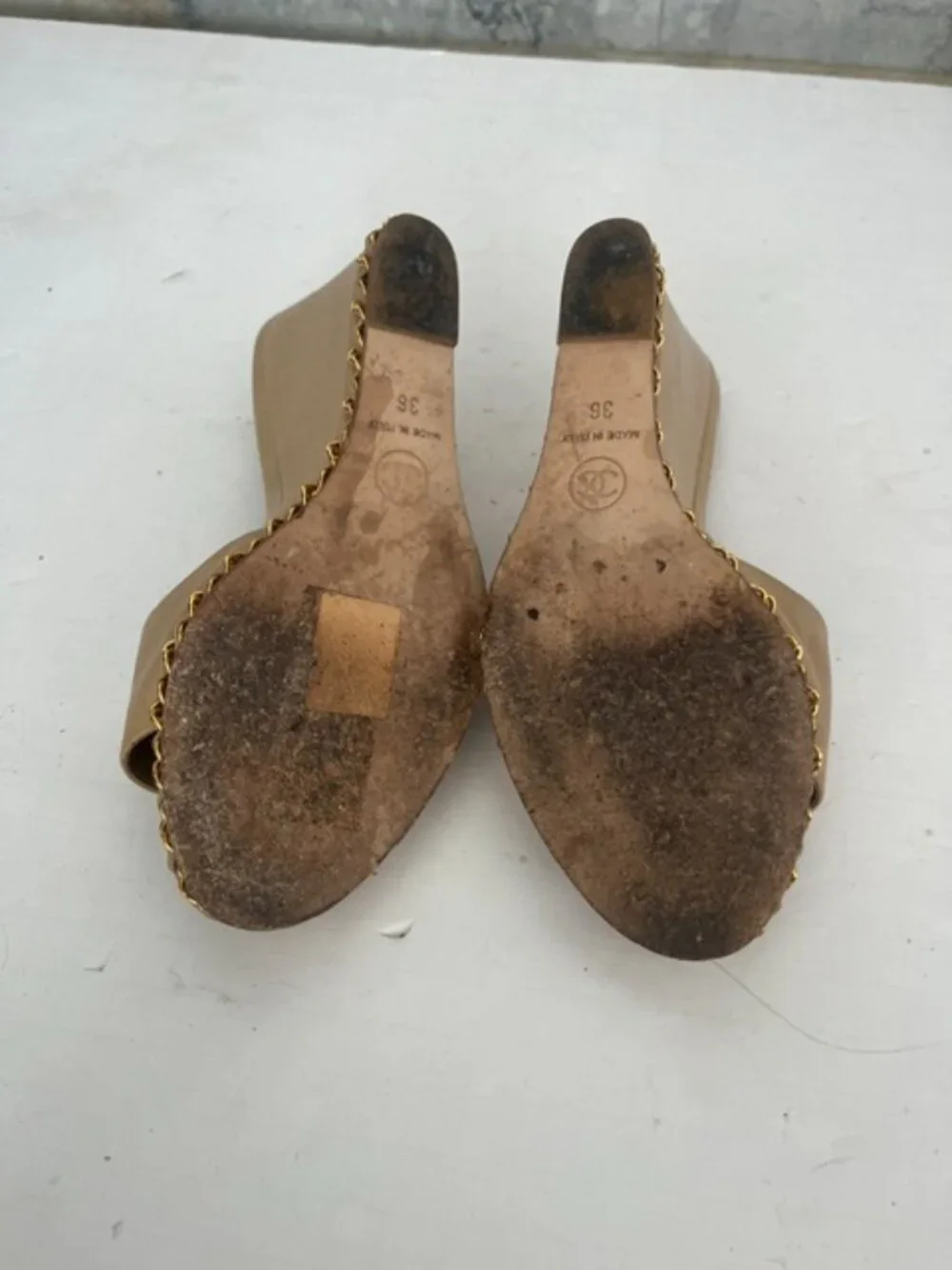 Chanel Tan Leather Chain Wedge Slide Sandals Mules CC Logo